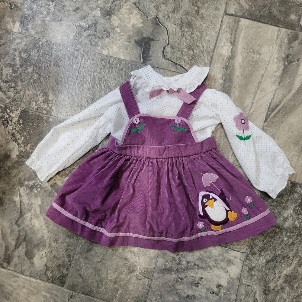 Baby Togs Jumper‎ Set Purple Corduroy Penguin Polka Dot Blouse Vintage 18 Months